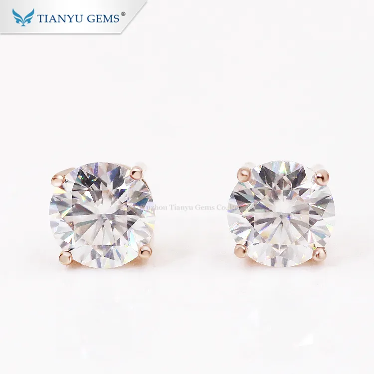 tianyu jewelry customized 14K/18K rose gold 2 carat colorless VVS moissanite diamond stud earrings