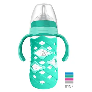 Vente directe d'usine de haute qualité portable sans BPA capacité personnalisée biberons pour bébés bouteille en verre à manchon en silicone personnalisé