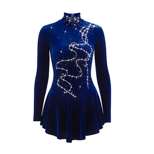 Vestido de patinaje de las mujeres/niñas hielo patinaje vestido de terciopelo azul de diamantes de imitación de rendimiento/practica patinaje hechos a mano Soli