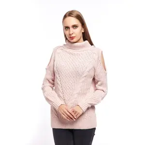 여자 거북 목 케이블 니트 핑크 색상 맞춤 스웨터