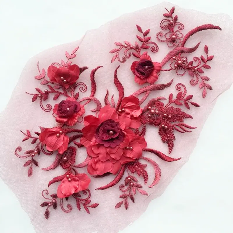 Applique Renda 3d Elegan Renda Pengantin 3D Manik-manik Pengantin Bordir Renda Tambalan Bunga Applique Desain Baru Tali Bordir 7 Warna