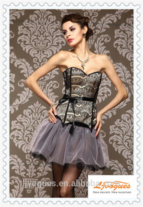 Crème Overbust Corset avec All Over Black motif impression et Lace Up Boned usure Corset pour femmes élégantes - Product Image 1