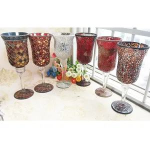 Hot koop goblet mozaïek glazen kaarshouder/mozaïek orkaan kandelaar voor thuis decoratie