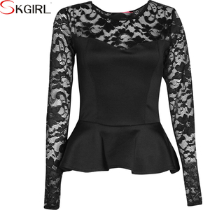 <span class=keywords><strong>Elegante</strong></span> Blusa <span class=keywords><strong>Nera</strong></span> di Qualità con Maniche Lunghe in Pizzo all'Uncinetto e Peplum - Product Image 3