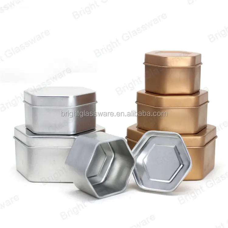 Top Verkoop Gold Hexagon Metalen Tin Kaars Jar, Sliver Metalen Blikken Doos Voor Kaarsen