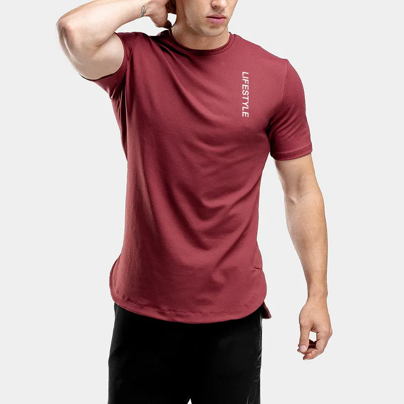 Nefes Kısa Kollu Yan Bölünmüş T Shirt Toptan Spor Erkekler Konfor Spor T Gömlek