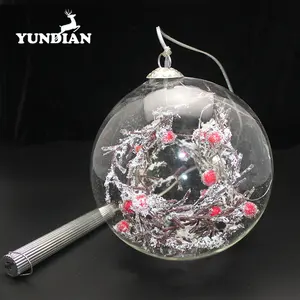 Hiasan Bola Natal Lampu Led, 12Cm Kaca Besar Bening dengan Buah Merah