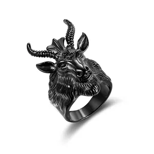 Punk 316L Stainless Steel Gothic Black Big Goat Head Satan Halloween Long Horn Sheep Rock Finger Ring for Male Fashion Jewelry
