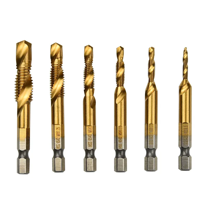 Metric Imperial 1/4" 6.35mm hex shank combined drill tap set helicla flute 6pcs M3 M4 M5 M6 M8 M10 screw tread tap HSS 4341 6542