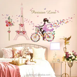 Decoración de la sala de estar para el hogar, Torre Eiffel de París extraíble, calcomanía artística, Mural, bricolaje, 3d, hermosa flor, niña, papel tapiz