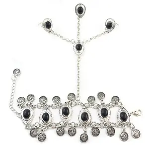 Bohemian Retro gümüş kaplama alaşım kakma reçine sikke boncuk kolye el zinciri yüzük bilezik kadınlar için