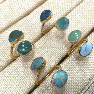 RM934 Natural Gemstone Snakeskin Jasper Free Form Adjustable Finger Rings Gold Plated Boho Bohemian Ring