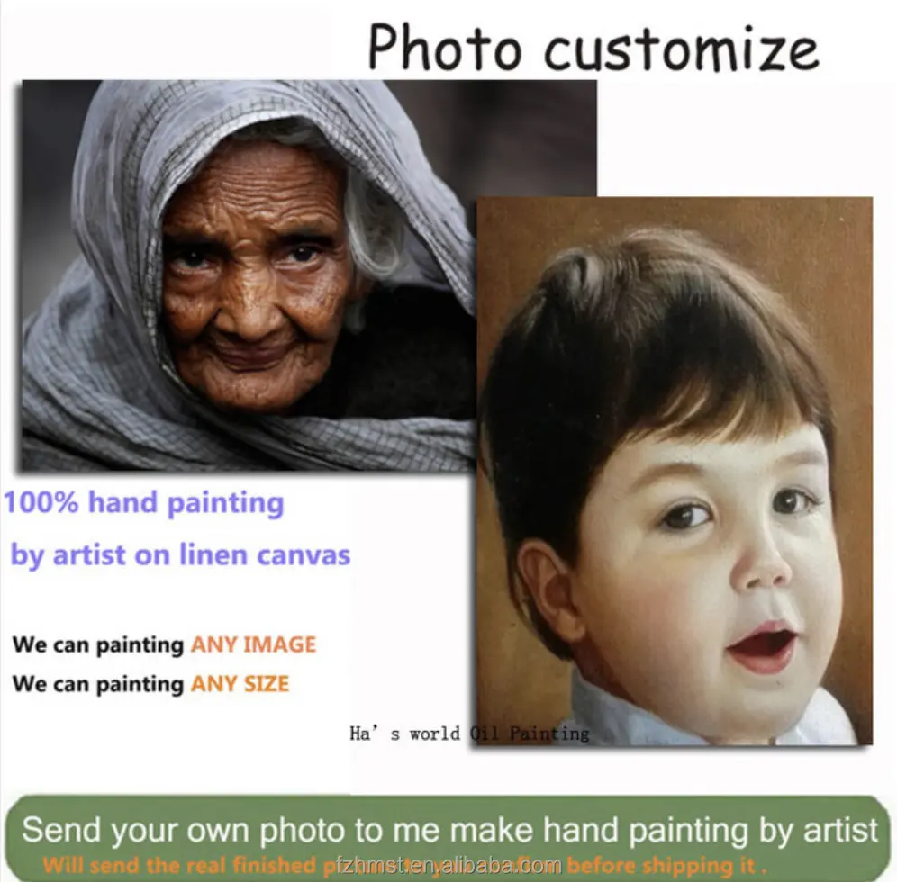 100% arte hecho a mano personalizado retrato realista lienzo pintura al óleo de la foto