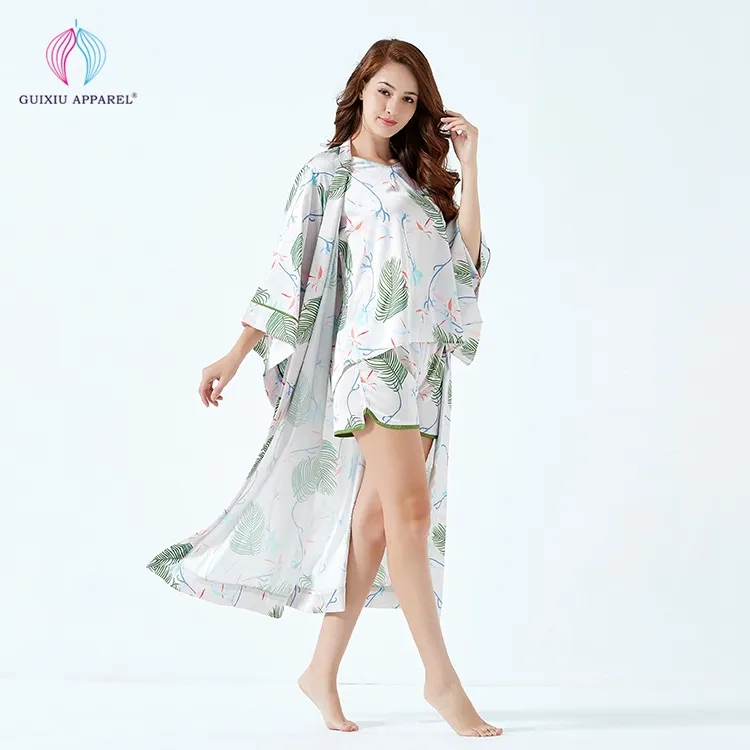 Printed Silk Summer Long Robe Luxury Floral Printed Spring Satin nightgown Robe