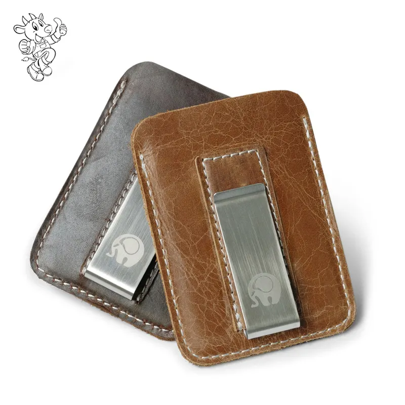 Genuine Cowhide Leather Money Clip Wallet Men Slip Metal Short Wallets Men Slim Card Holder Men Oil Wax Convenient Wallet