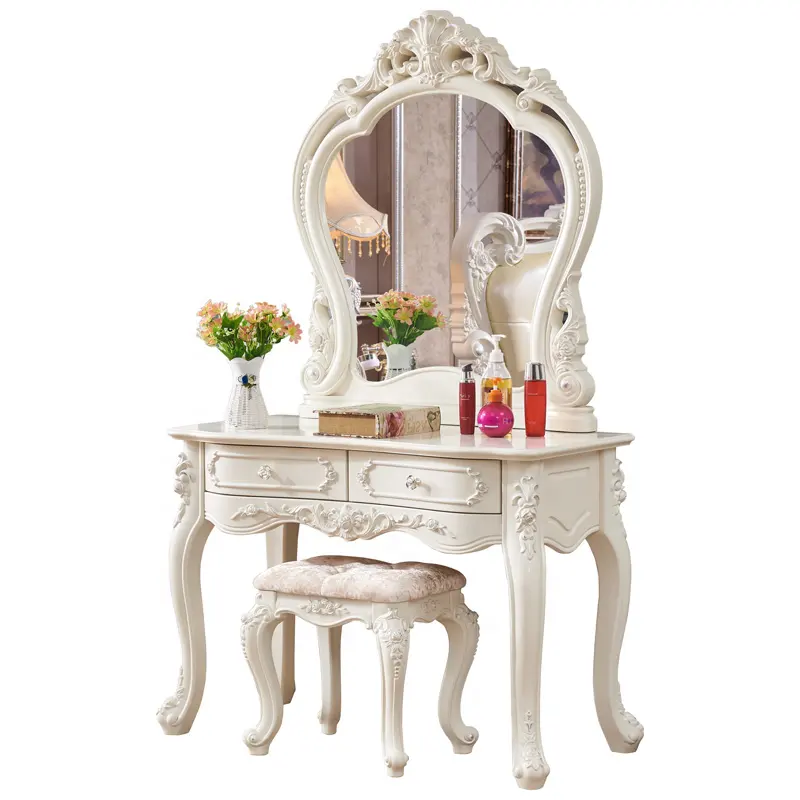 European style Antique Dresser Furniture Dressing Table Set With Mirror And Stool Makeup Vanity Table wooden high quality