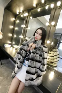 Chinchilla Rex Rabbit Fur Overcoat With Collar Winter Ladies Fur Jacket Coat