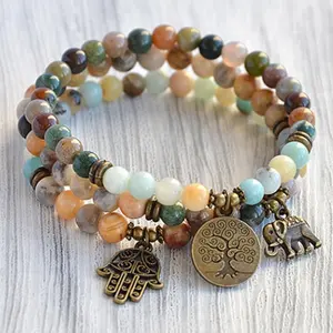 SN1450 Set 3 Mala Bracelet Yoga Mala Beads 6mm Picture Jasper Amazonite Crazy Lace Beaded Tree Of Life Elephant Hamsa Bracelet