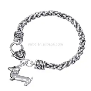 Simpatici braccialetti con ciondoli per cani bassotto, braccialetti con ciondoli in cristallo con chiusura a moschettone placcati in argento