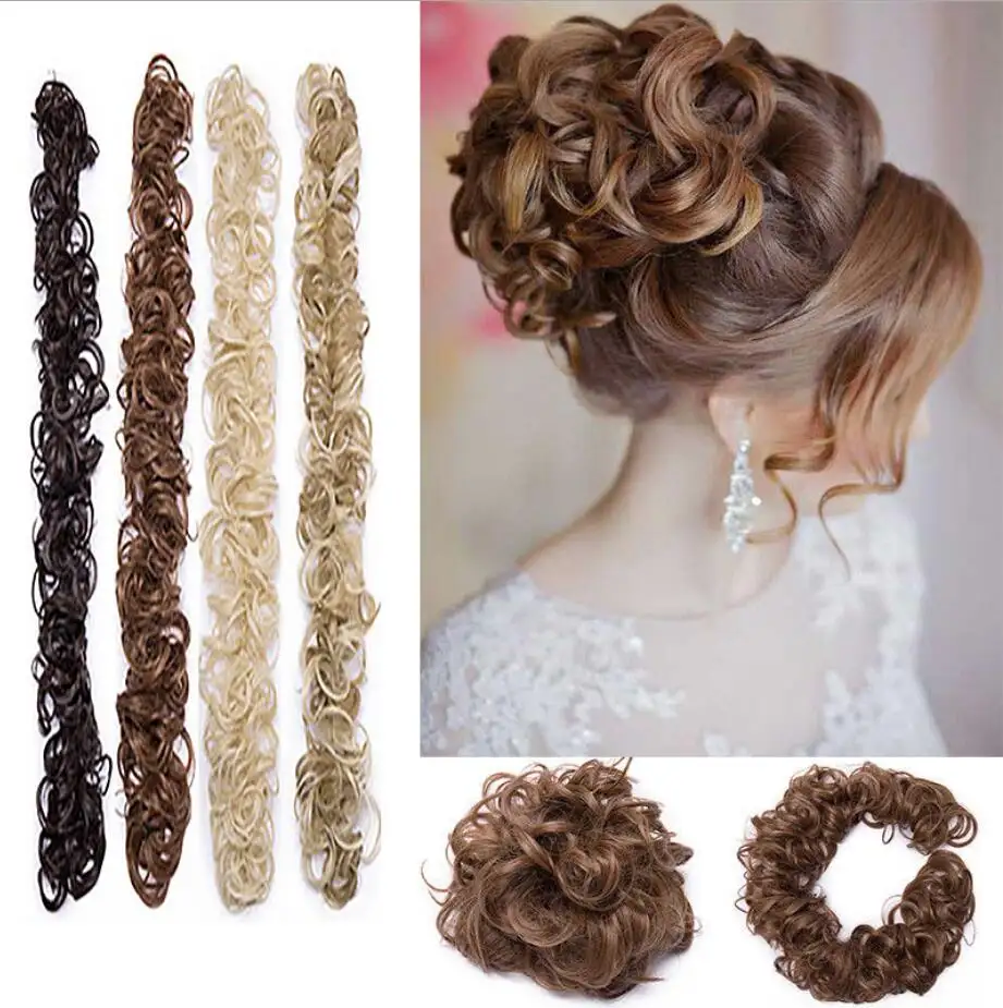 Extension capillaire synthétique pour Chignon en cheveux synthétiques, queue de cheval et donuts, bouclée et ondulée, avec bande élastique pour effet décoiffé