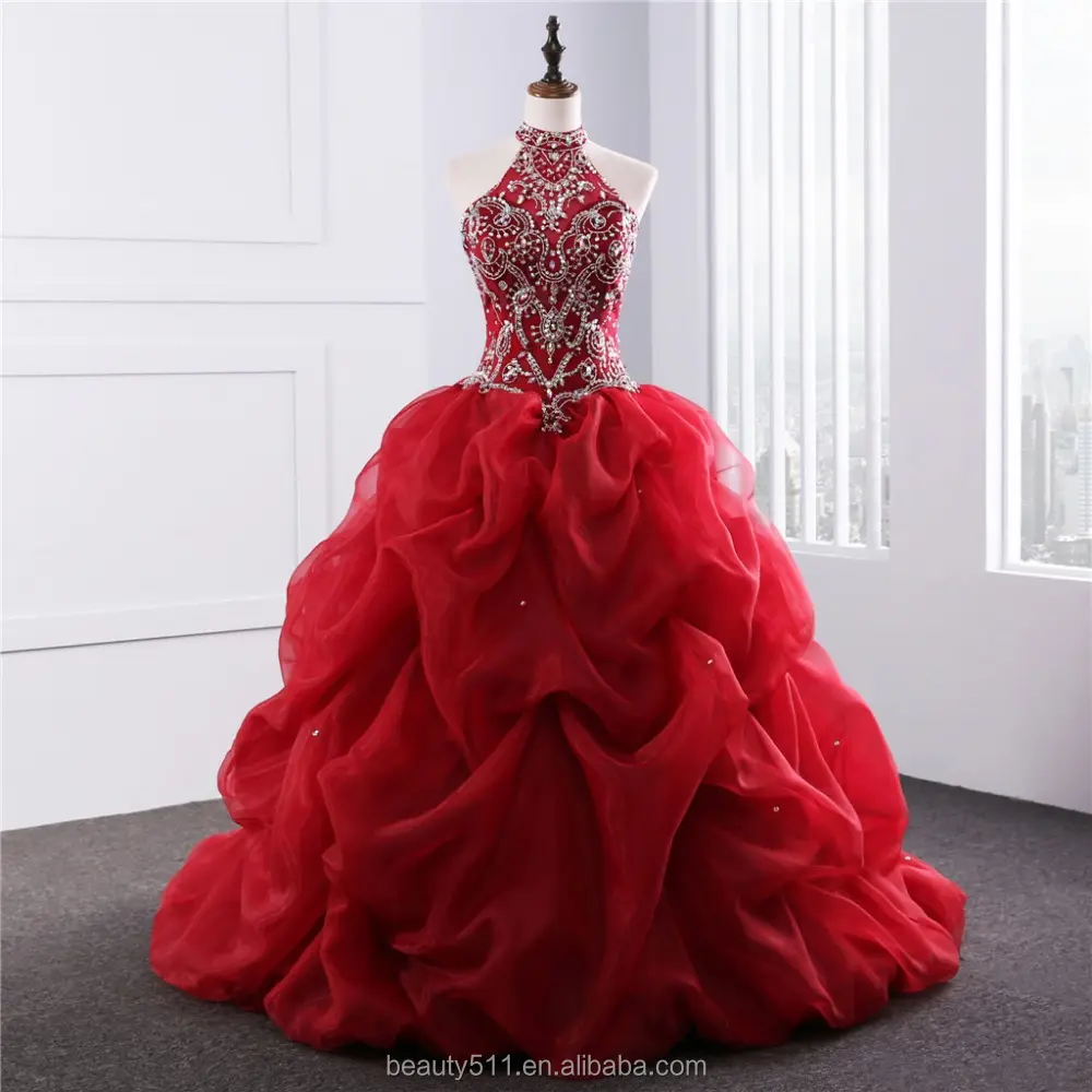 2023 Dramatische Quinceanera Jurken Hals Lijn Kralen Appliqués Rode Organza Quinceanera Jurk Vestidos De Quinceanera 15