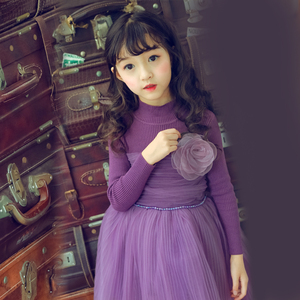Del bambino delle ragazze del vestito dei capretti del manicotto lungo inverno maglioni abiti viola del fiore dei bambini del vestito di Natale per bambini di usura 6 anni di età - Product Image 6