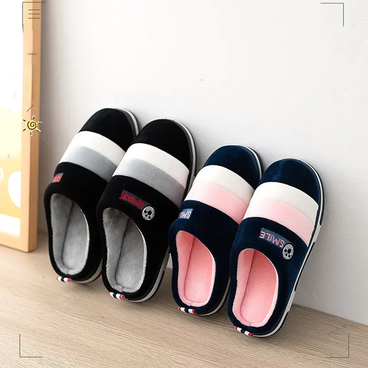 Winter Mode Mooie Streep Liefhebbers Katoen Slippers Vrouwen Indoor Warm En Antislip Harige Slippers Man