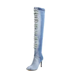 Botas altas <span class=keywords><strong>hasta</strong></span> <span class=keywords><strong>el</strong></span> <span class=keywords><strong>muslo</strong></span> de mezclilla con tacón de aguja lavadas sexis para mujer al por mayor de fábrica - Product Image 1