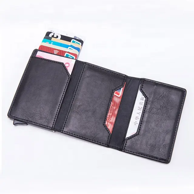 New zipper leather coin pocket wallet magnet card holder with automatic Pop Up RFID Blocking