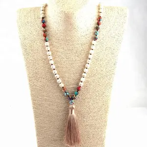 米色石项链波西米亚部落珠宝女性长项链多色水晶铺路球流苏项链