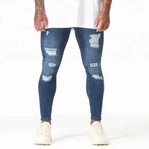 OEM özel yüksek erkekler skinny jeans koyu mavi yırtık ve tamir ile işlemeli logo kot
