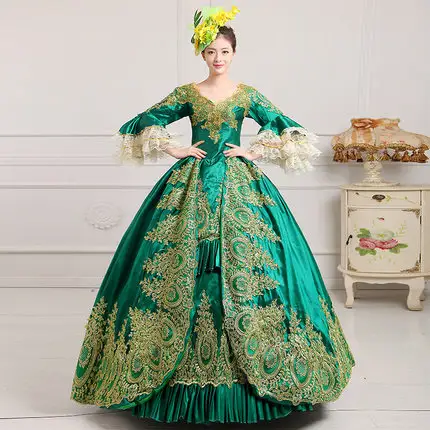 Traje renascentista cetim verde 18th século, vestido elegante bordado festa feminino