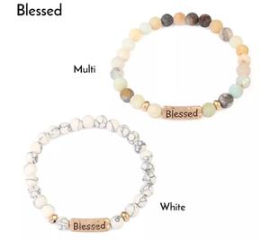 Hope Love Faith Blessed Stretch Metal Plate Engraved Message Stone <strong>Bead</strong> <strong>Bracelet</strong> - Product Image 3