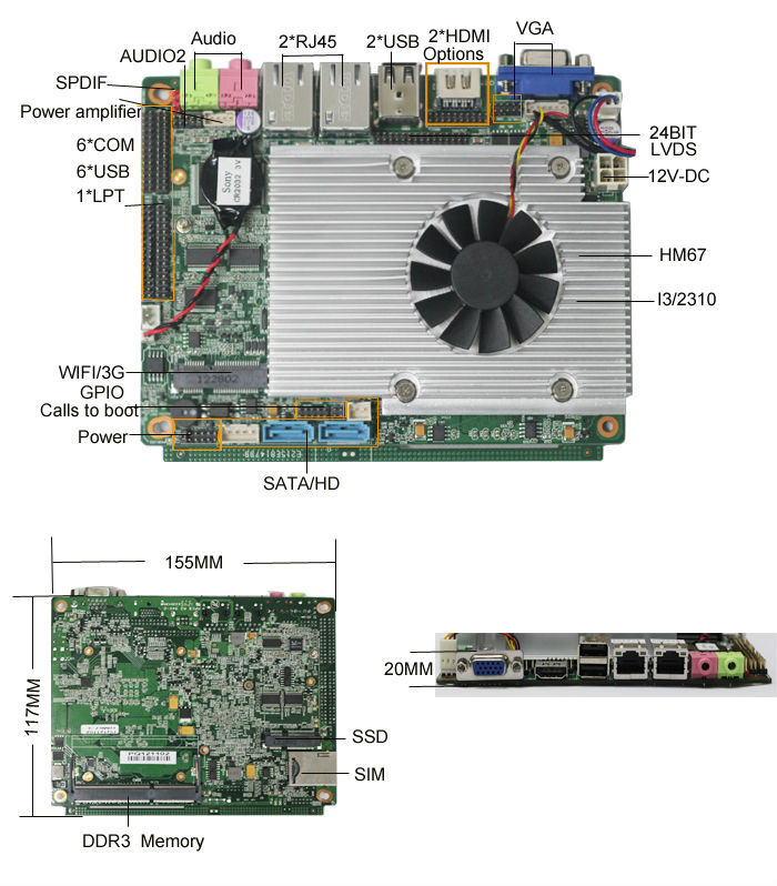 Mini pc client léger linux carte mère intel server board avec 2*sata; 1*msata port