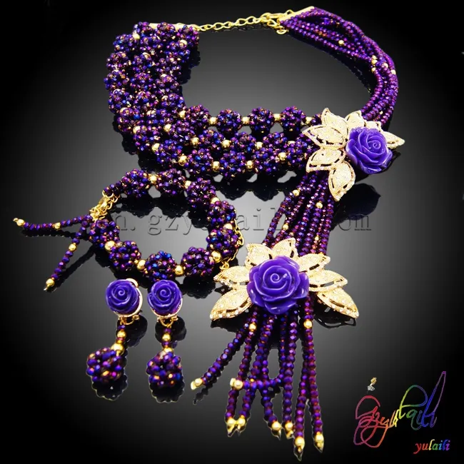 australiano cristallo gioielli tallone moda nobile viola collana di perline set per la donna perline di corallo collana dei monili set set