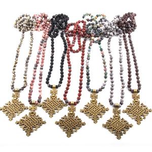 Di modo Della Boemia Tribale Dei Monili Pietre Naturali Lungo Annodato Croce di Metallo Del Pendente Donne Collana Etnica - Product Image 2