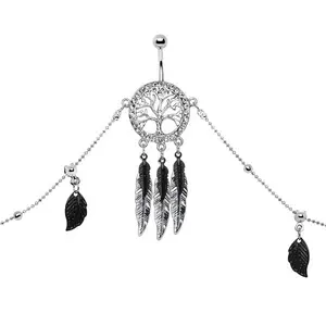 Black Accent Feather Charm Tree of Life Dangle Belly Chain