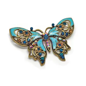 Antique Gold Tone Enamel Butterfly Brooch Rhinestone Crystal Custom Blue Butterfly Brooch Lapel Pin