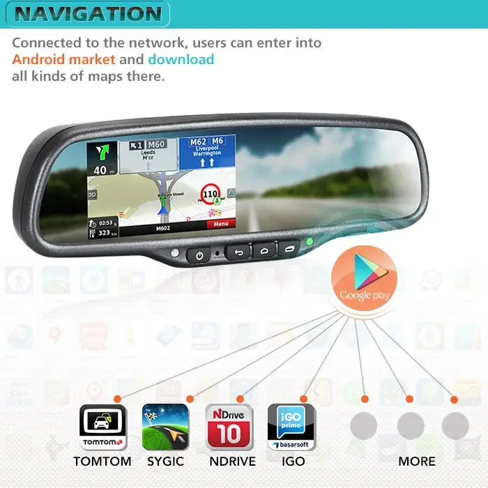 Android Auto Multimedia Systeem, Hd Dvr Horloge Driver Downloaden Met 5.0 Inch Android Gps Navigatie Achteruitkijkspiegel