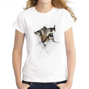 Best Seller 100% algodón 3D gato impresión Digital manga corta Camiseta cuello redondo blanco mujer camiseta impresa