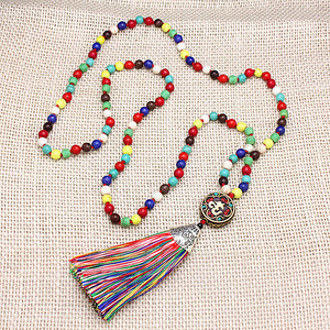 Kalung Namaste Buatan Tangan Mala, Manik-manik Suku Nepal Batu Pirus Warna-warni Rumbai Panjang Buatan Tangan
