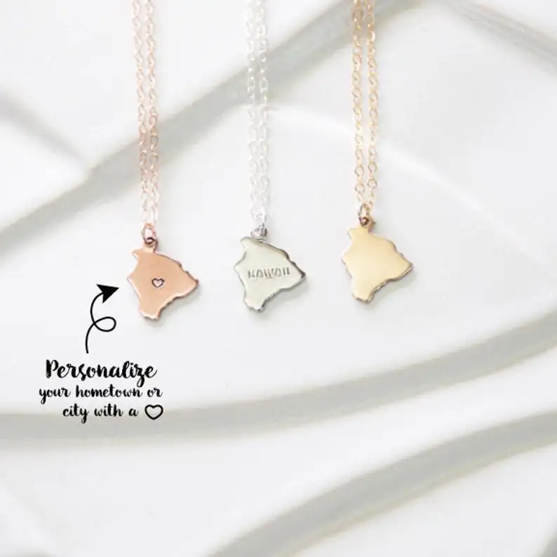 สแตนเลสผู้หญิง Minimalist ฮาวายเครื่องประดับ State Charm สร้อยคอ Tiny Island City แผนที่จี้ Rose Gold สร้อยคอ