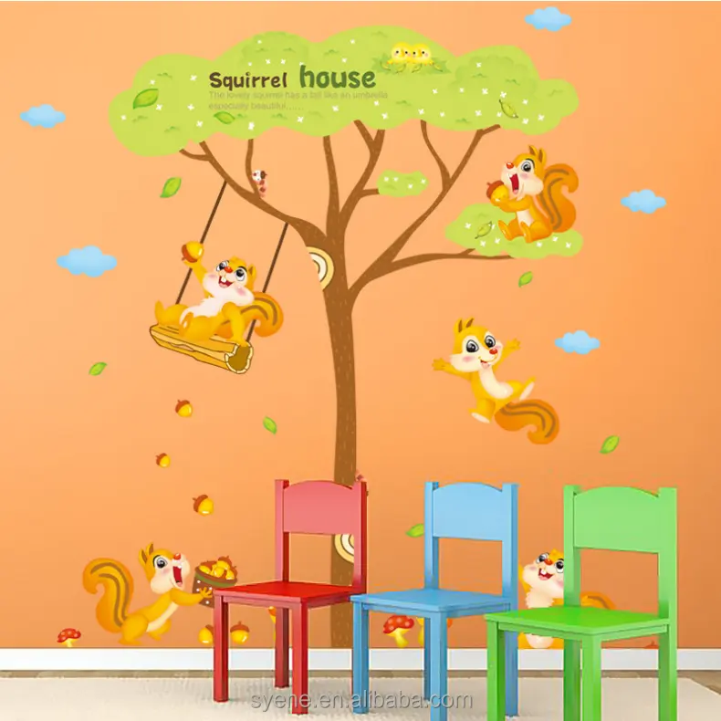 3d wall paper home decor for kids baby nursery room wall mural cartoon animals squirrel family tree wall sticker decal wallpaper