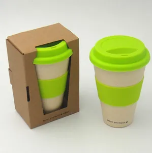 Bio de impresión personalizada biodegradable natural 450ML de fibra de bambú de fibra de eco té café taza tazas con tapa de la empuñadura lavavajillas