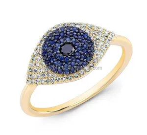 Turki Perhiasan Bersinar Kuning Berlapis Emas Membuka Pengaturan Safir Biru CZ Cubic Zirconia Berlian Mata Jahat Cincin untuk Wanita