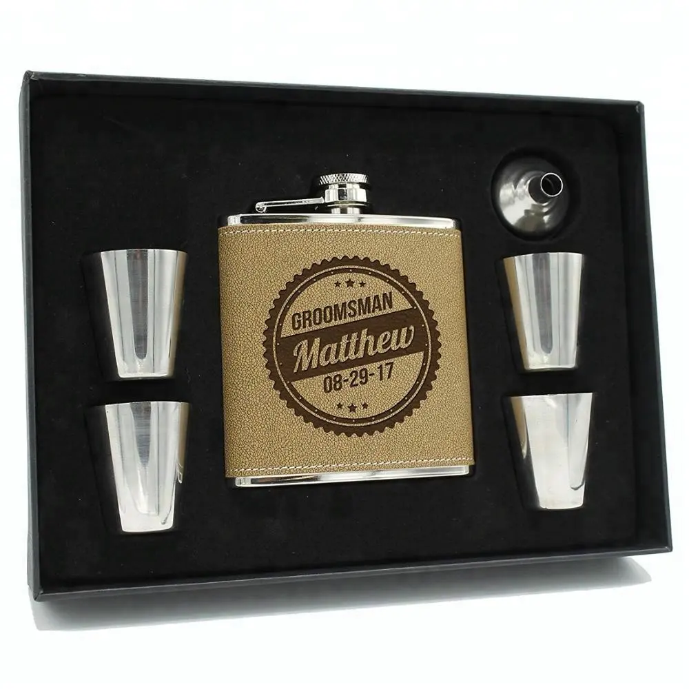 6 OZ Impresso Logo Personalizzato Sulla Pelle In Acciaio Inox Hip Flask Set Con 4 pz Vetro di Colpo E Piccolo Imbuto