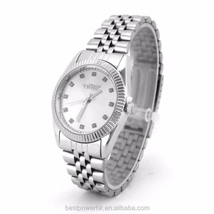 Rollex style waterproof function diamond silver dial alloy case stainless bracelet couple watch - Product Image 1