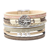 Pulseira feminina multicamadas, fivela magnética couro cristal strass árvore da vida