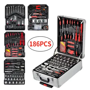 186pcs multifunctional Tool Set with tools Mechanics Wrenches Silver aluminum box Trolley Telescopic