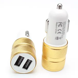 New design aluminum alloy 2 usb double layer small steel gun cellphone car charger with smart IC protection